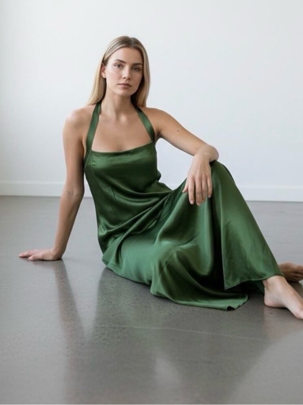 Reformation Olive Green 100% Silk Alli Halter Midi Dress